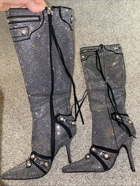New Black suede silver rhinestone moto knee boot heels sz 5.5